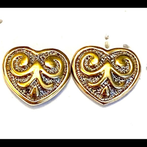 Vintage Gold Silver Etruscan Ram Horn Heart Earrings Mixed Metal Stud - Picture 1 of 2